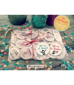 PACK 70 CHAPAS PARA BODAS 59mm "FRASES CON DIBUJOS DIVERTIDOS"