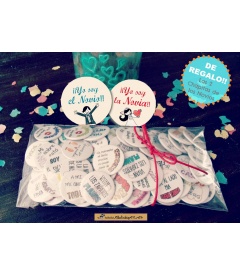 PACK 70 CHAPAS PARA BODAS 38mm "FRASES CON DIBUJOS DIVERTIDOS"