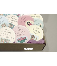 PACK 20 CHAPAS CUMPLEAÑOS DE FRASES Y DIBUJITOS DIVERTIDOS