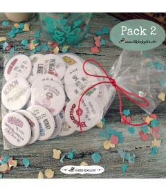 PACKS 35 CHAPAS PARA BODAS 59mm "FRASES CON DIBUJOS DIVERTIDOS"