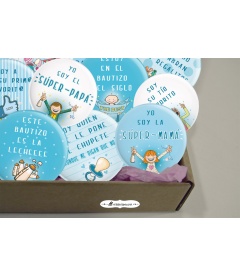 PACK 20 CHAPAS BAUTIZO NIÑO CON FRASES Y DIBUJITOS DIVERTIDOS