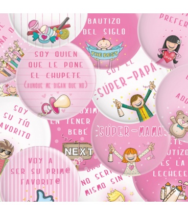 PACK 20 CHAPAS BAUTIZO NIÑA CON FRASES Y DIBUJITOS DIVERTIDOS