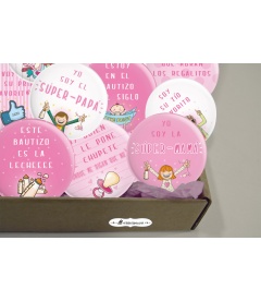 PACK 20 CHAPAS BAUTIZO NIÑA CON FRASES Y DIBUJITOS DIVERTIDOS
