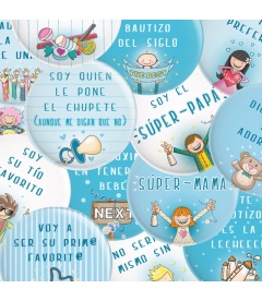 PACK 20 CHAPAS BAUTIZO NIÑO CON FRASES Y DIBUJITOS DIVERTIDOS