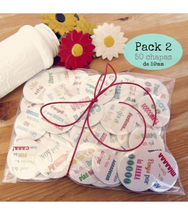 PACK 50 CHAPAS PARA BODAS 59mm "FRASES DIVERTIDAS 2"