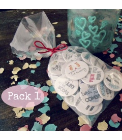 PACKS 35 CHAPAS PARA BODAS 38mm "FRASES CON DIBUJOS DIVERTIDOS"