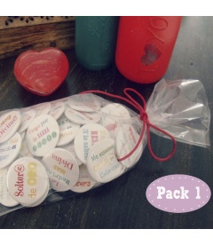 PACK 50 CHAPAS PARA BODAS 38mm "FRASES DIVERTIDAS 1"