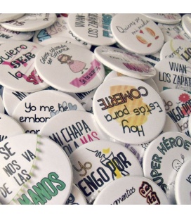 PACK 70 CHAPAS BODA 38mm "FRASES CON DIBUJOS DIVERTIDOS"