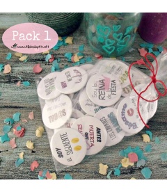 PACKS 35 CHAPAS PARA BODAS 59mm "FRASES CON DIBUJOS DIVERTIDOS"