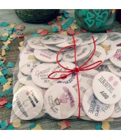 PACK 70 CHAPAS PARA BODAS 59mm "FRASES CON DIBUJOS DIVERTIDOS"