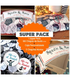 SÚPER PACK 100 CHAPAS PARA BODAS 38mm "B & N" + CAJA DE REGALO