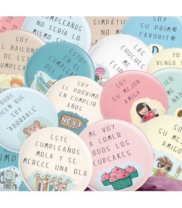 PACK 20 CHAPAS CUMPLEAÑOS DE FRASES Y DIBUJITOS DIVERTIDOS