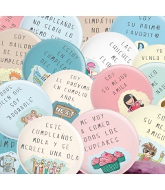 PACK 20 CHAPAS CUMPLEAÑOS DE FRASES Y DIBUJITOS DIVERTIDOS