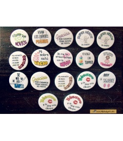 PACK 70 CHAPAS PARA BODAS 38mm "FRASES CON DIBUJOS DIVERTIDOS"