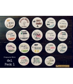 PACKS 35 CHAPAS PARA BODAS 38mm "FRASES CON DIBUJOS DIVERTIDOS"