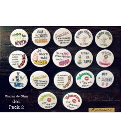 PACKS 35 CHAPAS PARA BODAS 38mm "FRASES CON DIBUJOS DIVERTIDOS"