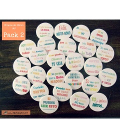 PACK 50 CHAPAS PARA BODAS 38mm "FRASES DIVERTIDAS 2"
