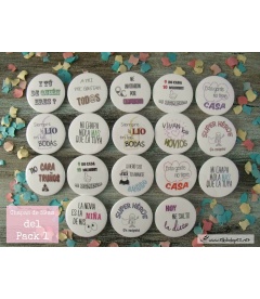 PACKS 35 CHAPAS PARA BODAS 59mm "FRASES CON DIBUJOS DIVERTIDOS"