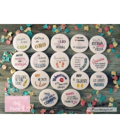 PACKS 35 CHAPAS PARA BODAS 59mm "FRASES CON DIBUJOS DIVERTIDOS"