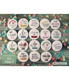 PACKS 35 CHAPAS PARA BODAS 59mm "FRASES CON DIBUJOS DIVERTIDOS"