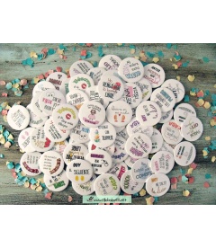 PACK 70 CHAPAS PARA BODAS 59mm "FRASES CON DIBUJOS DIVERTIDOS"