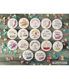 PACK 70 CHAPAS PARA BODAS 59mm "FRASES CON DIBUJOS DIVERTIDOS"