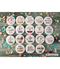 PACK 70 CHAPAS PARA BODAS 59mm "FRASES CON DIBUJOS DIVERTIDOS"