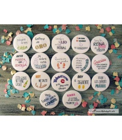 PACK 70 CHAPAS PARA BODAS 59mm "FRASES CON DIBUJOS DIVERTIDOS"